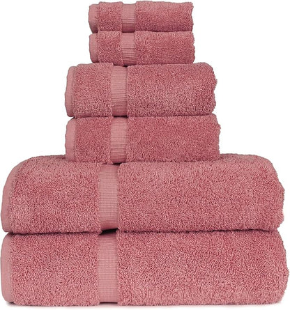 Luxury Hotel & Spa Collection, Quick Dry 100% Turkish Cotton, 700 GSM, Eco Friendly Towel, Bathroom and Kitchen Dobby Border Towels, 2-Bath Towel, 2-Hand Towel, 2-Washcloth (Bundle Set of 6, Pink)