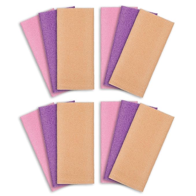 ARCH&M Exfoliating Washcloth 12 Pack Back Scrubber for Shower Towel Body Scrubber Microabrasion Sponge Japanese Bath Wash Korean Beauty Wash Cloth Loofah Exfoliating Scrubber Peach Purple Pink
