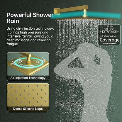 Hoimpro Shower System Set with 12 Inch Bathroom Rain Mixer Shower Head and Handheld Wall Mounted, Rainfall Shower Faucet Fixture Combo with High Pressure 2 in 1 Handheld Showerhead, Brushed Gold