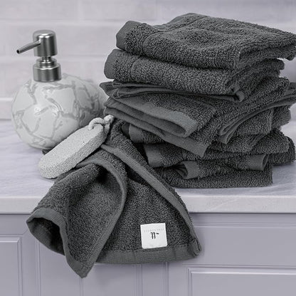 Tens Towels Pack of 12 Washcloths, 12 x 12 Inches, Lighter Weight, Quick to Dry, Super Soft & Absorbent, Gentle Face Towels, Hotel Quality, Perfect for Bathroom, Gym, Spa (Dark Grey, 12 Pack)