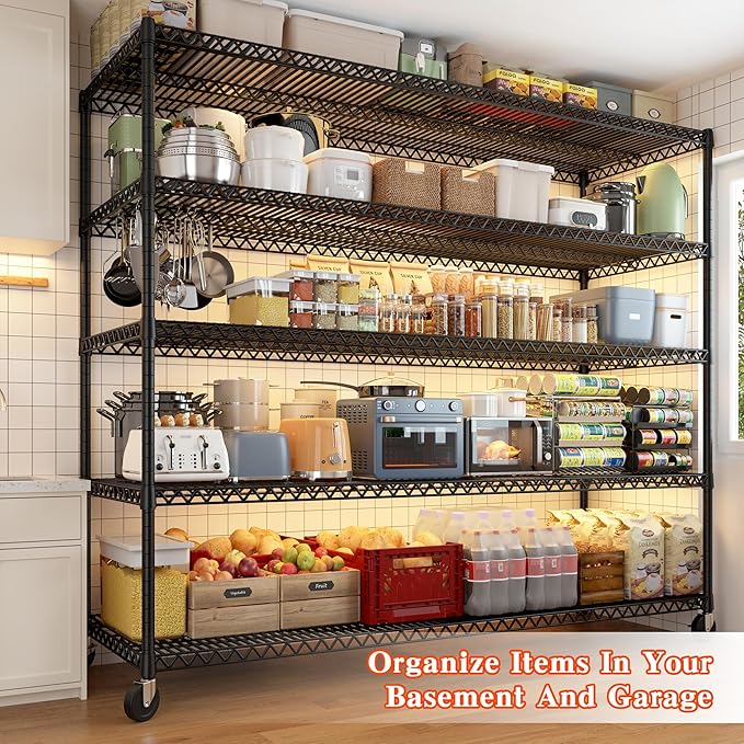 3200LBS Storage Shelves Wire Shelving with Wheels,Adjustable Garage Shelving Heavy Duty Steel Metal Shelving Unit Shelf Rack for Warehouses,Garage,Kitchen,School,Commercial,73" H X 60”W X 18" D