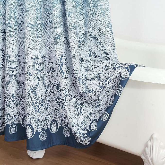 Extra Long Shower Curtain - Chantilly Lace Design, Heavyweight Polyester, Storm Blue to White Ombre, 72" W x 84" H