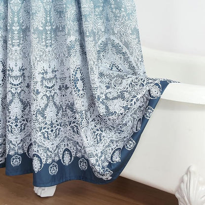 Extra Long Shower Curtain - Chantilly Lace Design, Heavyweight Polyester, Storm Blue to White Ombre, 72" W x 84" H