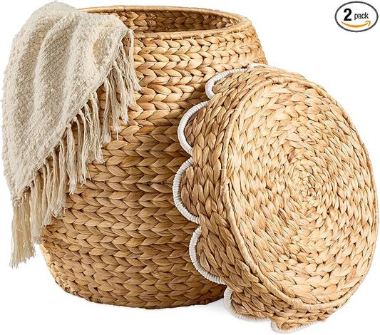 Best Choice Products Scalloped Multipurpose Hyacinth Storage Basket, Plant Décor, Handwoven Organizer Tote for Bedroom, Living Room, Nursey, w/Lid - Natural with White Trim