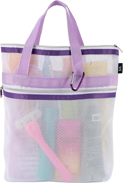 S&T INC. Mesh Shower Caddy, Shower Bag for Dorm Room Essentials, Gym Bag, Camping and More, Two Zippered Pockets, White and Purple, 10 Inches x 10 Inches