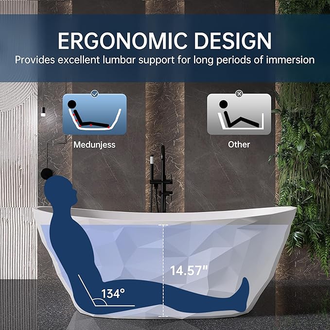 64'' Stone Resin Solid Surface Freestanding Bathtub, Modern Elegant Design Soaking Stand Alone Tub, Diamond Pattern Matte White, Drain and Overflow Included 019-1630