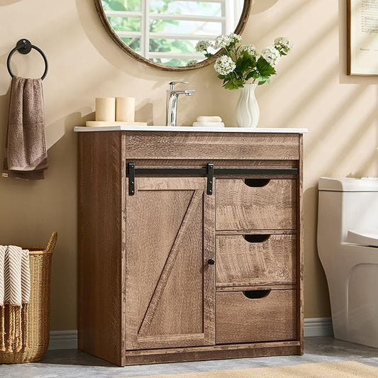 30" Farmhouse Bathroom Vanity with Ceramic Sink Combo, Freestanding Modern Bathroom Storage Vanity Cabinet w/Sliding Barn Door, 3 Drawers & Adjustable Shelves, Light Brown