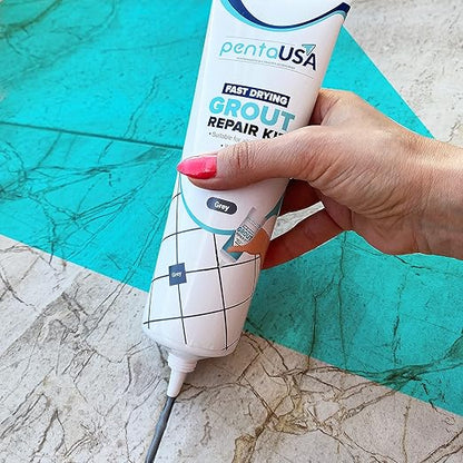 PentaUSA Tile Grout - Large Grout Filler Repairs Renews Tube, Fast Drying Grout Repair Kit, Odorless Formula - Grout Floater Included - 13.4oz / 380gr (Grey)