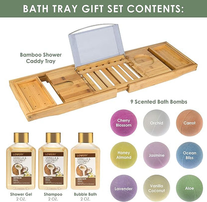 from Son, Premium Bamboo Bathtub Caddy Tray Gift Set with Bath Bombs, Shower Gel, Shampoo & Bubble Bath, Luxury Bathtub Trays with Book & Wine Holder, Expandable Tray to Fit Any Tub
