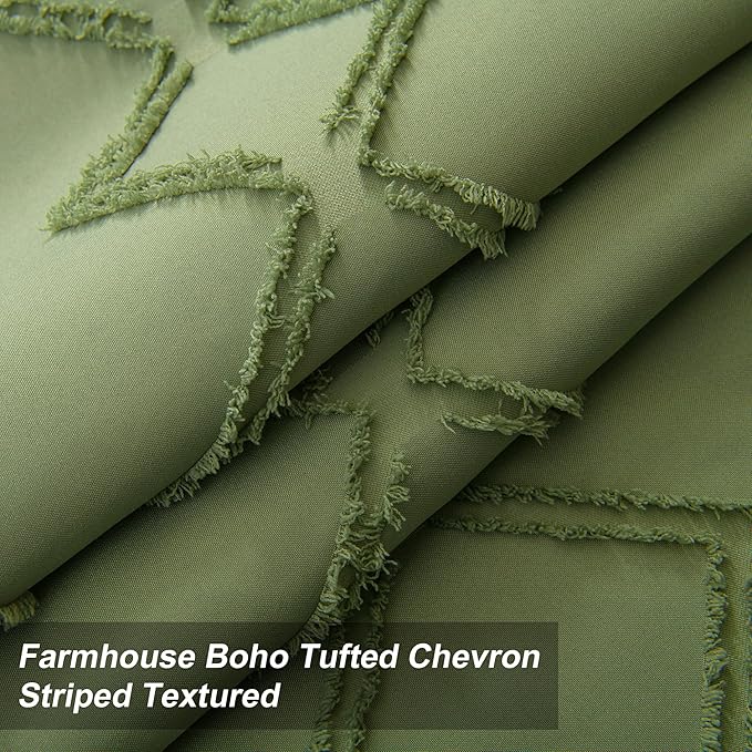 No Hooks Shower Curtain with Snap-in Liner, Sage Green Boho Tufted Chevron Striped Textured Shower Curtains for Bathroom, Water Repellent Luxury Shower Curtain, 72Wx74H