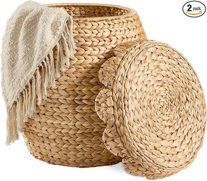 Best Choice Products Scalloped Multipurpose Hyacinth Storage Basket, Plant Décor, Handwoven Organizer Tote for Bedroom, Living Room, Nursey, w/Lid - Natural