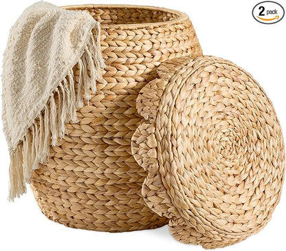 Best Choice Products Scalloped Multipurpose Hyacinth Storage Basket, Plant Décor, Handwoven Organizer Tote for Bedroom, Living Room, Nursey, w/Lid - Natural