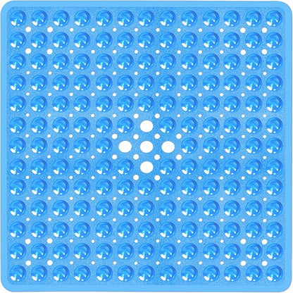Square Shower Bathtub Mat Non Slip for Inside Shower Clear Blue 21x21 Inch, Shower Stall Mats for Bathroom Floor, Soft Bath Mat for Tub with Big Suction Cups Drain Holes, Easy Washable Dry