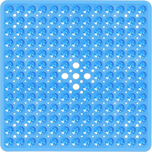Square Shower Bathtub Mat Non Slip for Inside Shower Clear Blue 21x21 Inch, Shower Stall Mats for Bathroom Floor, Soft Bath Mat for Tub with Big Suction Cups Drain Holes, Easy Washable Dry