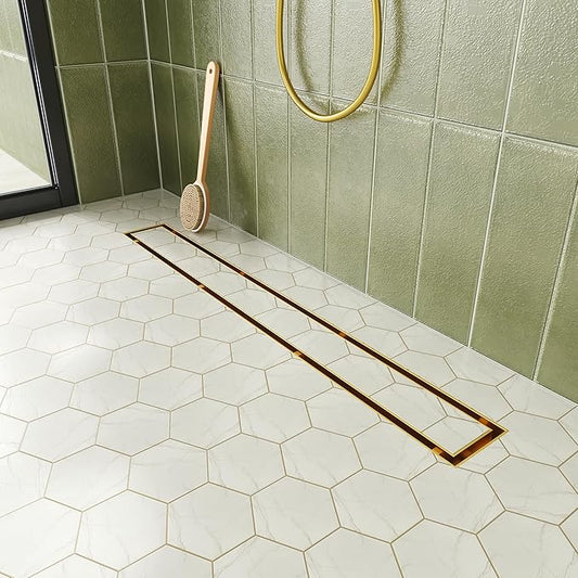 Neodrain 24-Inch Gold Linear Shower Drain with Tile Insert Cover, Golden 304 Stainless Steel Rectangle Shower Floor Drain, Linear Drain with Leveling Feet, Hair Strainer, CUPC Certified