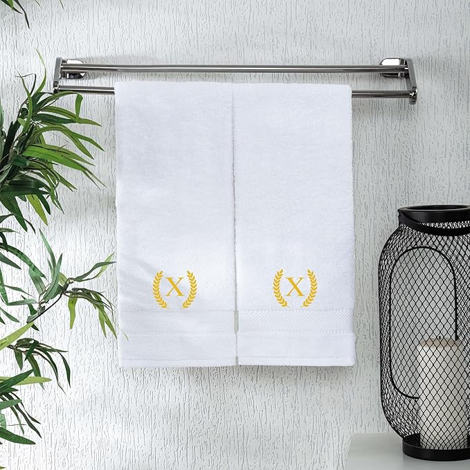Monogrammed Hand Towels for Bathroom Makeup, Personalized Turkish Cotton Towel with Embroidery, Gift for Weddings, Housewarming, Anniversaries, and Bridal Showers, Set of 2 (Gold, Initial X)