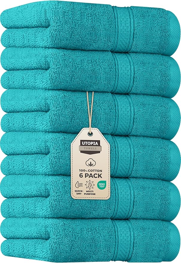 Utopia Towels 6 Pack Premium Hand Towels Set, 16 by 28 inches, 100% Ring Spun Cotton, Ultra Soft and Highly Absorbent 600GSM Towels for Bathroom, Gym, Shower, Hotel, and Spa, Turquoise