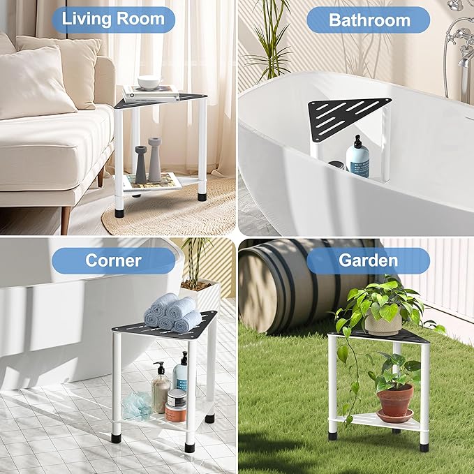Stainless Steel Shower Stool for Inside Shower, 15.4'' H Shower Foot Rest, Corner Shower Stool with Storage Shelf, Shower Step for Shaving Legs, Bathroom Corner Shower Bench, White