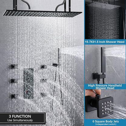 Matte Black Shower System 16 Inches Ceiling Mount Full Body Shower Faucet Set Brass Thermostatic Massage Shower with On/Off Body Jets and Handheld Can Run All At Once