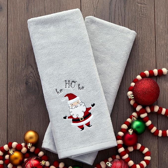 SKL Home Christmas/Winter Santa Hand Towel 2pc Set for Bath/Kitchen & Gift, Gray