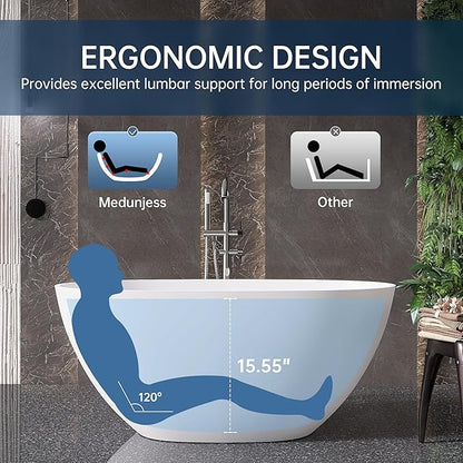 51" Stone Resin Freestanding Bathtub, Modern Oval Solid Surface Soaking Tub, Solid Surface Stand Alone Bathtub with Drain & Integrated Slotted Overflow Matte White AM303-1300