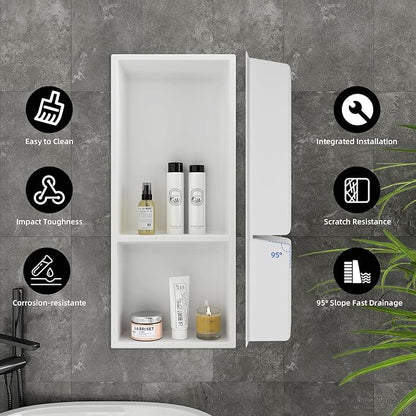 Shower Niche No Tile Needed, 12.2"x28.7"x3.8", Vertical Double Recessed Wall Niche, Bathroom Wall Niche Inserts, SMC Shower Shelf (White)