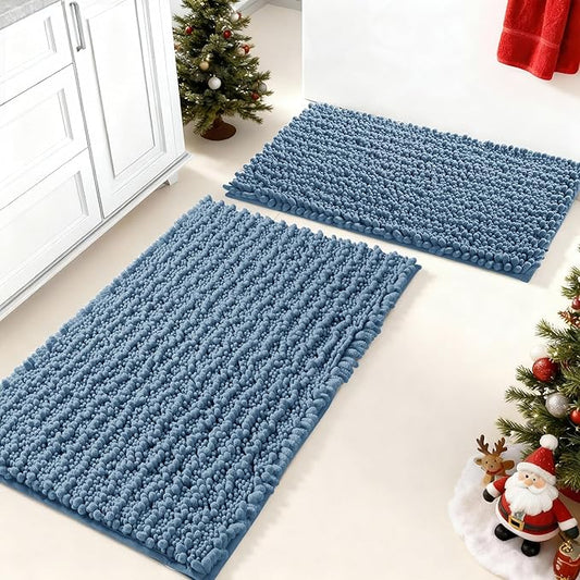 Yimobra Bathroom Rugs Sets 2 Piece - Quick Dry Extra Thick Luxury Chenille Bath Mat, Non Slip Super Absorbent for Tub Shower Sink, Machine Washable Shaggy Floor Mat, 32"x20"+24"x17" Inch, Denim Blue