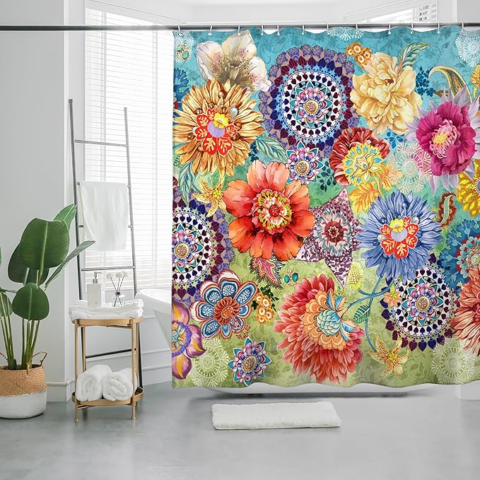 Bohemian Shower Curtain, Boho Floral Print Water Repellent Polyester Fabric for Bathroom Decor, 72×72 Inch Standard Size with 12 Hooks, Also as Room Divider