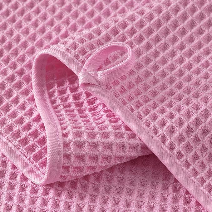 Microfiber Waffle Hand Towels, 4 Pieces, Soft, Absorbent, Fast Drying, Lint Free (Pink)