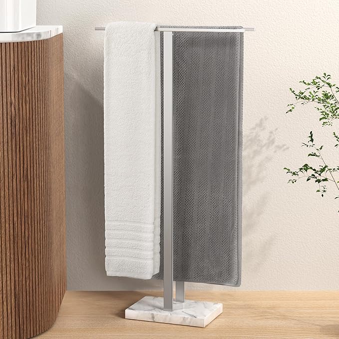 KES Standing Towel Rack with Marble Base, 37" H (Equal Height) Free Standing Towel Racks for Bathroom Floor, Fits Large Bath Towel, 18/8 Stainless Steel Polished Finish, BTH229