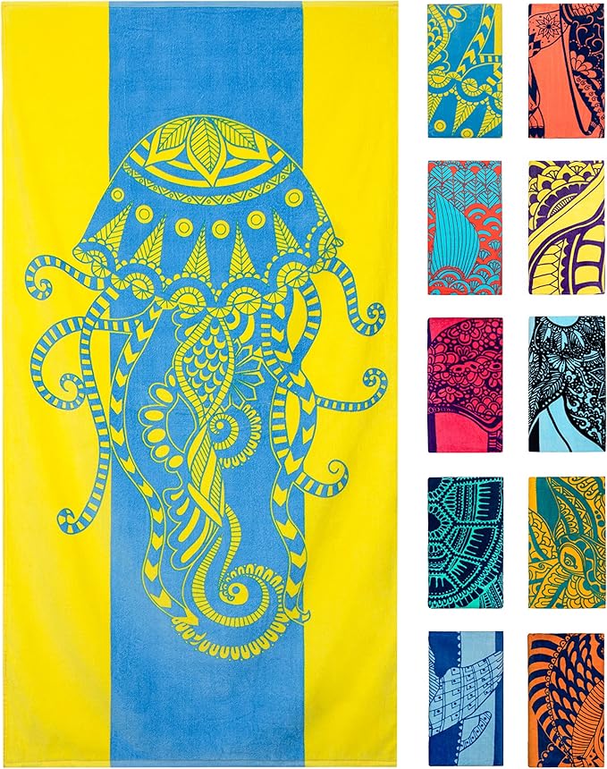 Nova Blue Jellyfish Beach Towel – Tropical Blue & Yellow Colors with A Unique Design, Extra Large, XL (34”x 63”) Made from 100% Cotton