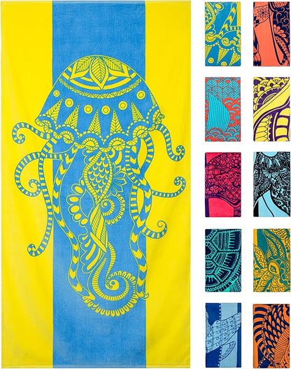 Nova Blue Jellyfish Beach Towel – Tropical Blue & Yellow Colors with A Unique Design, Extra Large, XL (34”x 63”) Made from 100% Cotton