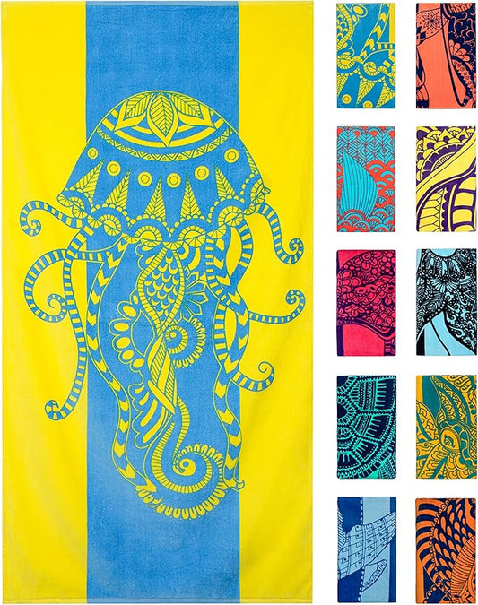 Nova Blue Jellyfish Beach Towel – Tropical Blue & Yellow Colors with A Unique Design, Extra Large, XL (34”x 63”) Made from 100% Cotton