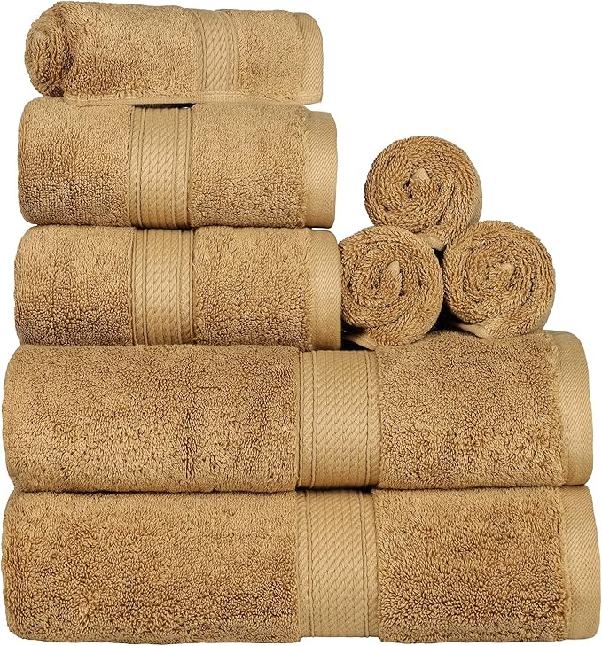 BLUENILEMILLS Madison Egyptian Cotton Towels, Towel Set for Bathroom, Shower, Hotel, Plush, 800 GSM, Highly Absorbent and Ultra-Soft Towels, Bath Essentials, 8 Piece Assorted Towel Set, Toast