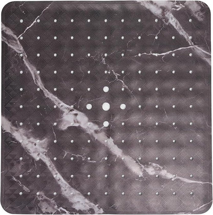 ENKOSI Square Shower Mat 21 x 21 – Anti Slip Shower Mat with Secure Suction Cups and Drain Holes – Square Shower Stall Floor Mats with Black Marble Design (Marble Black 21x21)