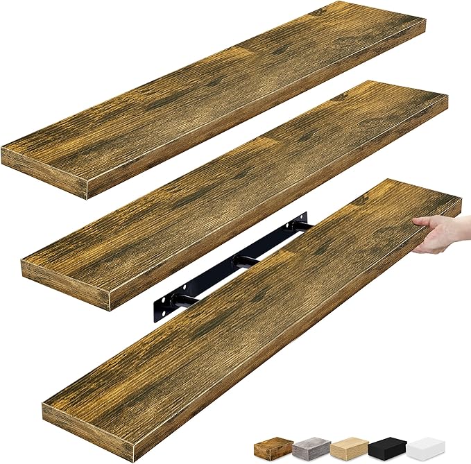 Sorbus Floating Shelves for Wall - 48 Inch Long Bathroom Shelves, Wall Decor for Bedroom, Kitchen, Living Room & Book Storage - Mounted Floating Shelf with Invisible Brackets (Rustic Brown, 3 Pack)