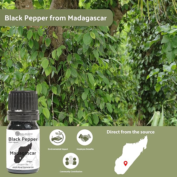 Black Pepper Essential Oil - Direct from Madagascar Farms - Steam Distilled - Aceite Pimienta Negra for Aromatherapy, Massage, Diffuser, DIY Candle and Soap Making - 5ml