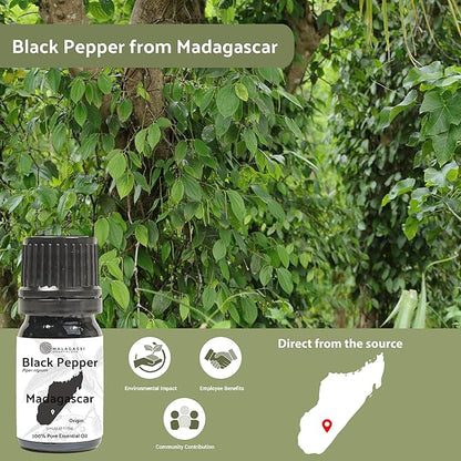 Black Pepper Essential Oil - Direct from Madagascar Farms - Steam Distilled - Aceite Pimienta Negra for Aromatherapy, Massage, Diffuser, DIY Candle and Soap Making - 5ml
