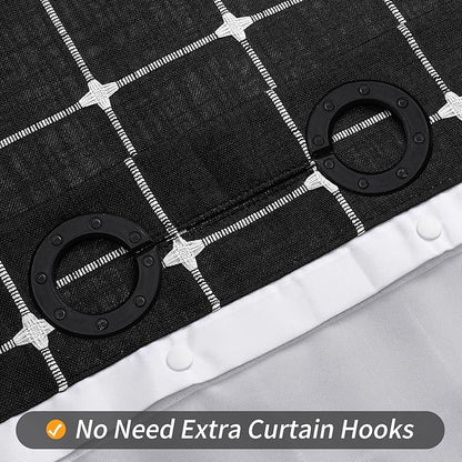 MitoVilla No Hooks Needed Boho Farmhouse Shower Curtain with Snap-in Liner, Cotton Linen Fabric Shower Curtains with Tassels for Rustic Neutral Bathroom Decor, Black and White, 72 x 74