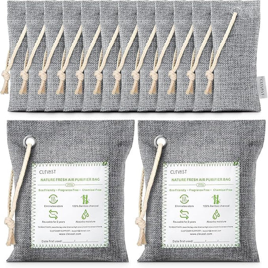 CLEVAST 14 Pack Activated Bamboo Charcoal Air Purifying Bags(2x200g, 12x50g), Natural Fresh Odor Absorber, Deodorizer and Moisture Eliminator, Air Purifier Bags for Home