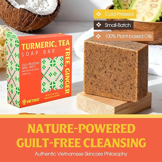 Turmeric, Tea Tree & Ginger Luxurious Natural Soap Bar (4.2 oz) | Gentle Exfoliation & Refreshing Lather | Cold-Processed, Handmade in Vietnam (Pack of 1)