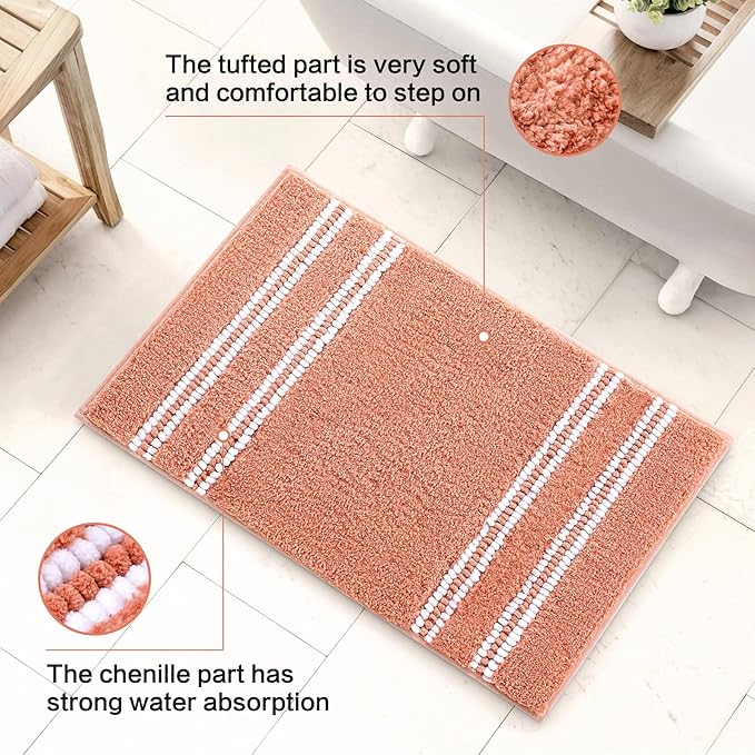 Kmson Bathroom Rugs Mat, 17"x24" Ultra Soft Washable Shaggy Chenille Bath Rugs, Non-Slip Fluffy Thick Water Absorbent Microfiber Mat for Bathtub, Sink and Shower, Pink