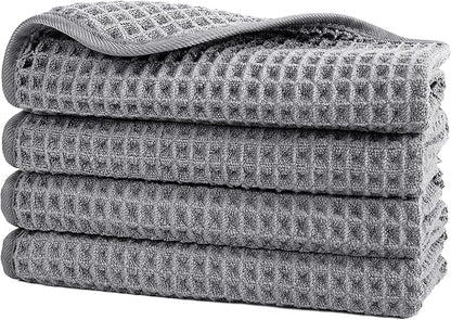 POLYTE 430 GSM Microfiber Lint Free Washcloth Face Towel, 13 x 13 in, 4 Pack (Waffle Weave)