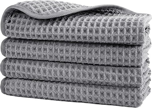 POLYTE 430 GSM Microfiber Lint Free Washcloth Face Towel, 13 x 13 in, 4 Pack (Waffle Weave)