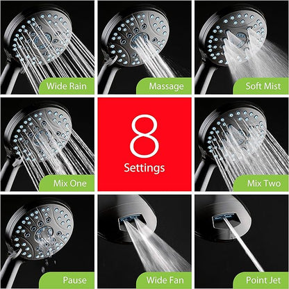 Hotel Spa AquaCare High Pressure 8-mode Handheld Shower Head, Anti-clog Nozzles - Built-in Power Wash to Clean Tub, Tile & Pets, Extra Long 6 ft. Stainless Steel Hose, Wall & Overhead Brackets