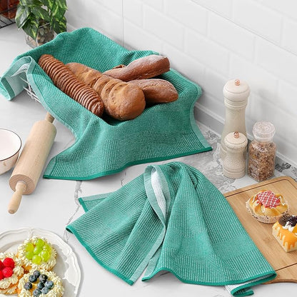 Homaxy Premium Kitchen Towels(18”x 28”, 6 Pack), Large Cotton Kitchen Hand Towels, Flat and Terry Dish Towels, 380 GSM Highly Absorbent Tea Towel Set with Hanging Loop, Grey/Green/Khaki