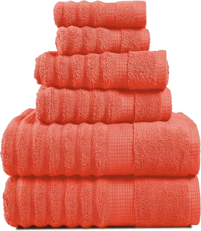 LANE LINEN Bathroom Towels Set - 2 Bath, 2 Hand Towels for Bathroom and 2 Wash Cloths for Body - Highly Absorbent, Soft, Premium 100% Cotton Bath Towel Set for Everyday Use (Set of 6) - Tiger Lily