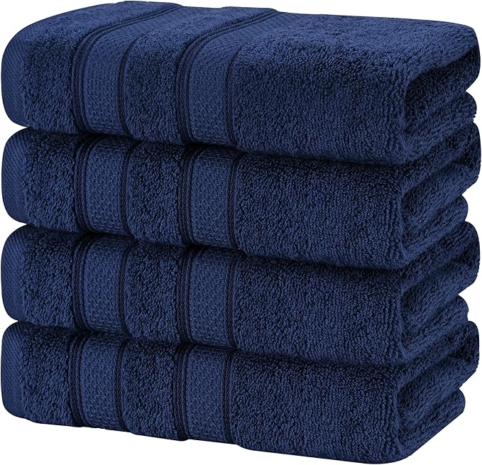 American Soft Linen Salem 100% Cotton Turkish 4 Piece Hand Towels for Bathroom, 600 GSM Soft Absorbent Quickdry Hand Face Towel Set, Navy Blue