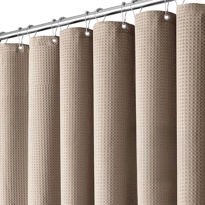 Inhousolu Fabric Shower Curtain Waffle Weave, 230 GSM Heavy Duty, Weighted Hem, 14 Metal Hooks, Water Repellent, Machine Washable, Hotel Spa Luxury Bath Curtain Set, 72 x 78 Inch, Beige