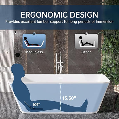 Stone Resin Freestanding Bathtub 67 ", Elegant Oval Shape Soaking Tub, Solid Surface Stand Alone Bathtub with Drain & Integrated Slotted Overflow Matte White AMFS340-1700